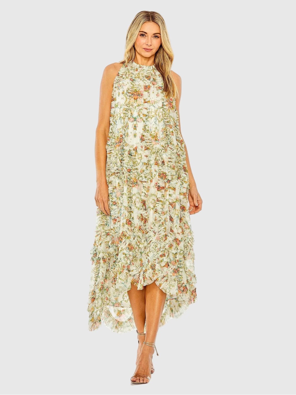 New W/Tags Mac Duggal Floral High-Low Halter Dress In Cream And Green, Medium